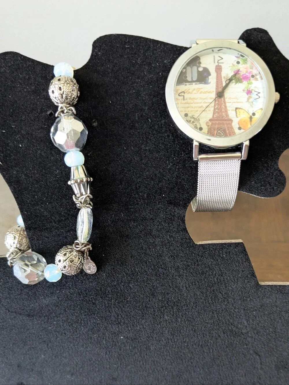 New Silver Mesh Strap Watch with Silver and Clear Beaded Bracelet